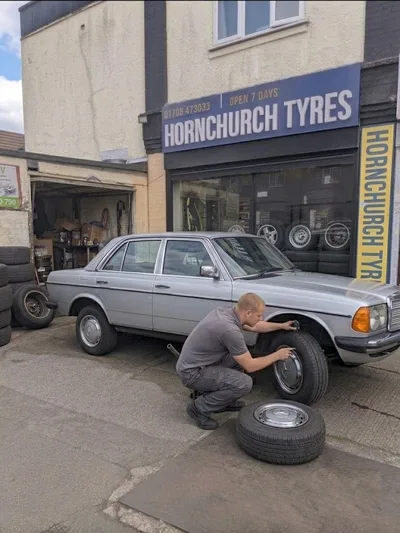 Classic Mercedes W123 saloon having tyres fitted by Hornchurch Tyres in Essex