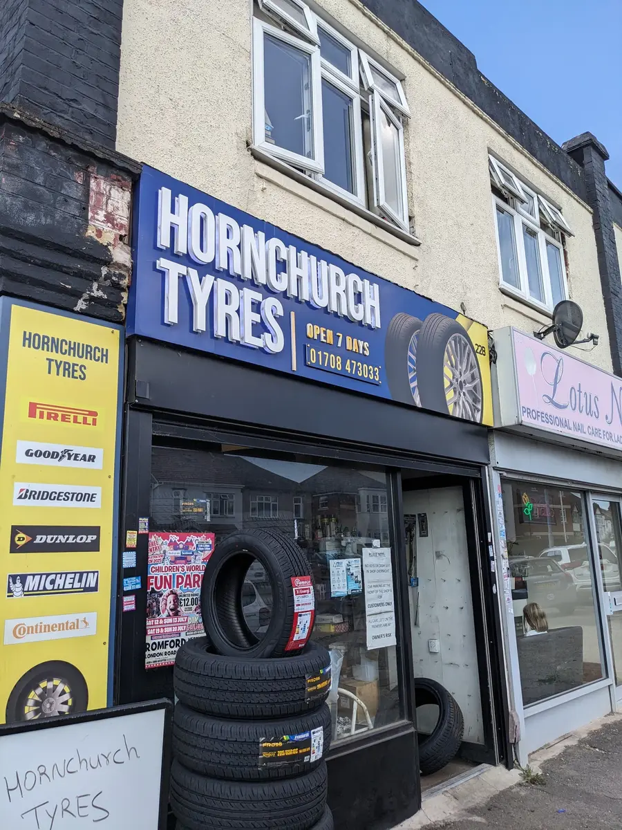 Hornchurch Tyres shop front on Hornchurch Road, Essex